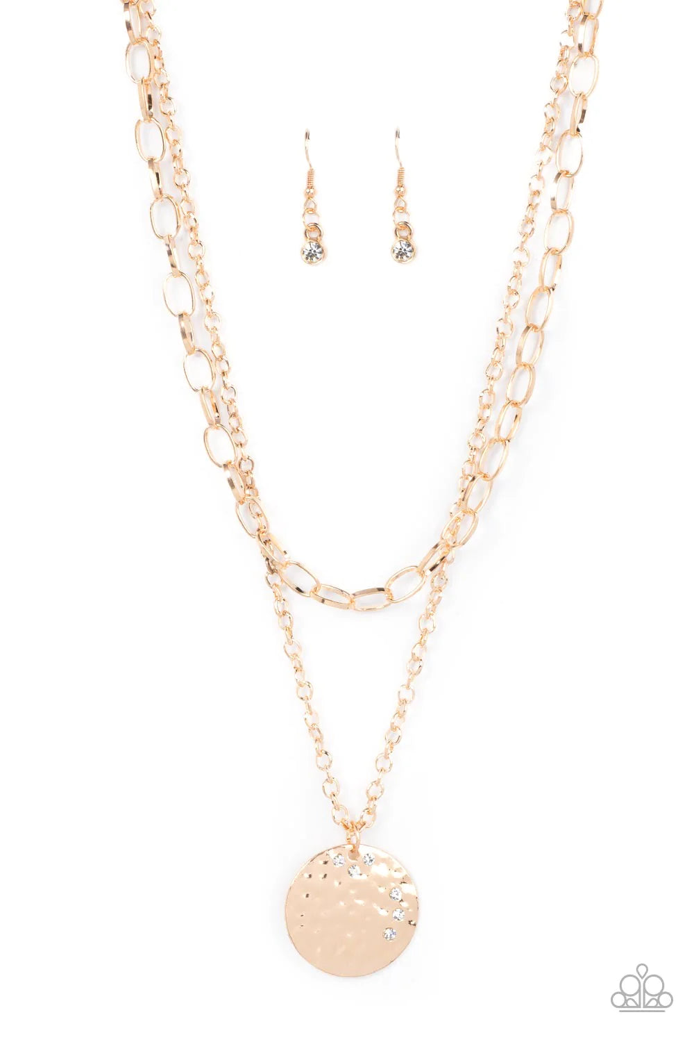 Paparazzi Accessories Highlight of My Life - Gold Sporadically dotted in glittery white rhinestones, an oversized hammered gold disc is suspended from the lowermost of two mismatched gold chains below the collar for a retro look. Features an adjustable cl