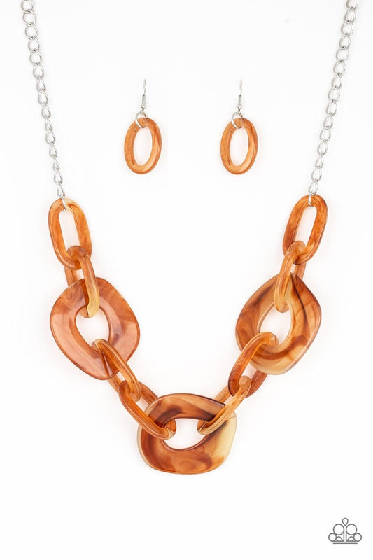 Paparazzi Accessories Courageously Chromatic - Brown Brushed in a faux-marble finish, bold brown links connect below the collar for a statement making look. Features an adjustable clasp closure. Jewelry
