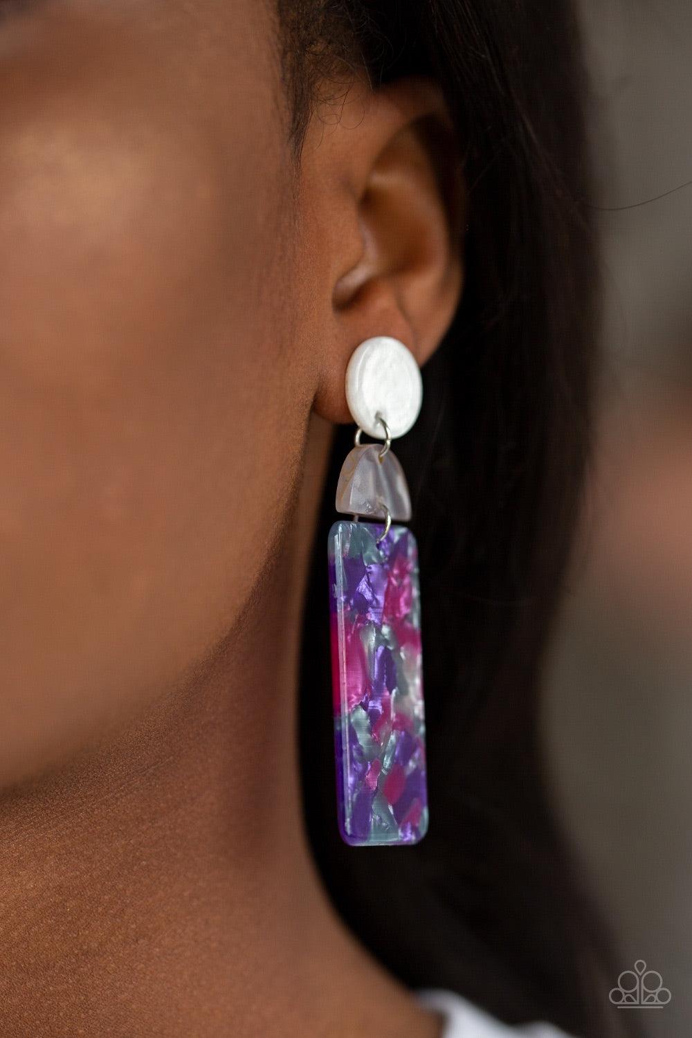 Paparazzi Accessories HAUTE On Their Heels - Purple Brushed in a collision of faux marble finishes, an assortment of acrylic frames link into a retro inspired lure for a flirtatious flair. Earring attaches to a standard post fitting. Jewelry