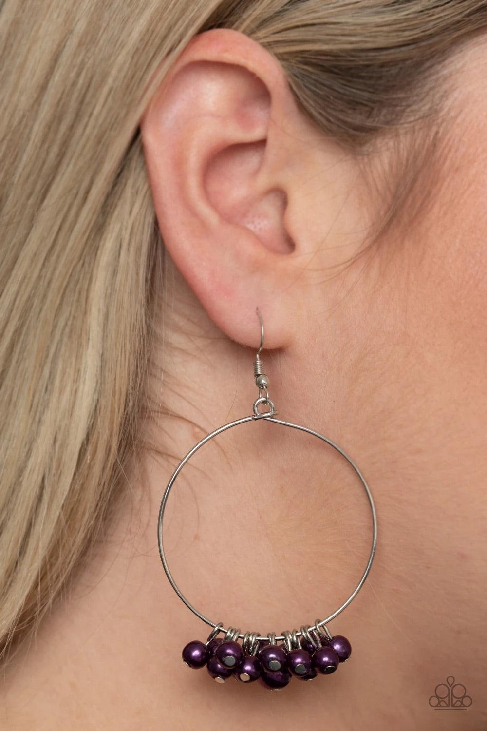 Paparazzi Accessories Things Are Looking UPSCALE ~Purple Bubbly Magenta Purple pearls swing from the bottom of a dainty silver hoop, creating a refined fringe. Earring attaches to a standard fishhook fitting. Earrings
