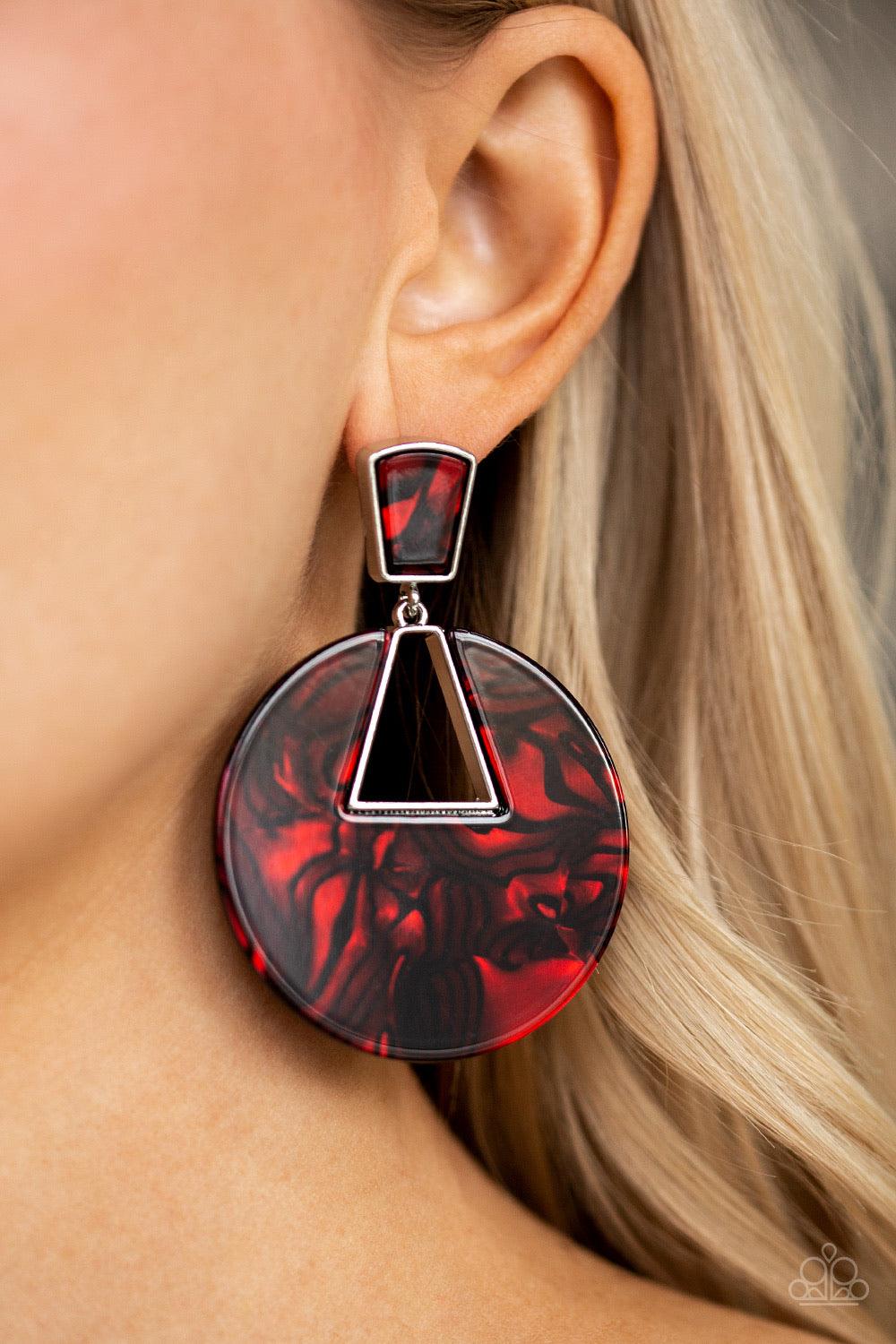 Paparazzi Accessories Let HEIR Rip! - Red Featuring a faux marble finish, a shimmering acrylic frame swings from the bottom of a matching acrylic fitting for a refined, retro look. Earring attaches to a standard post fitting. Jewelry