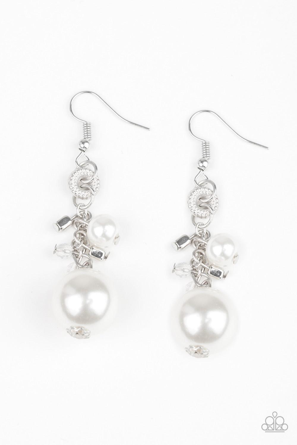 Paparazzi Accessories Timelessly Traditional - White A bubbly white pearl, glassy crystal-like beads, and shimmery silver cube beads trickle along a glistening silver chain. An oversized white pearl swings from the bottom of the chain, creating a dramatic