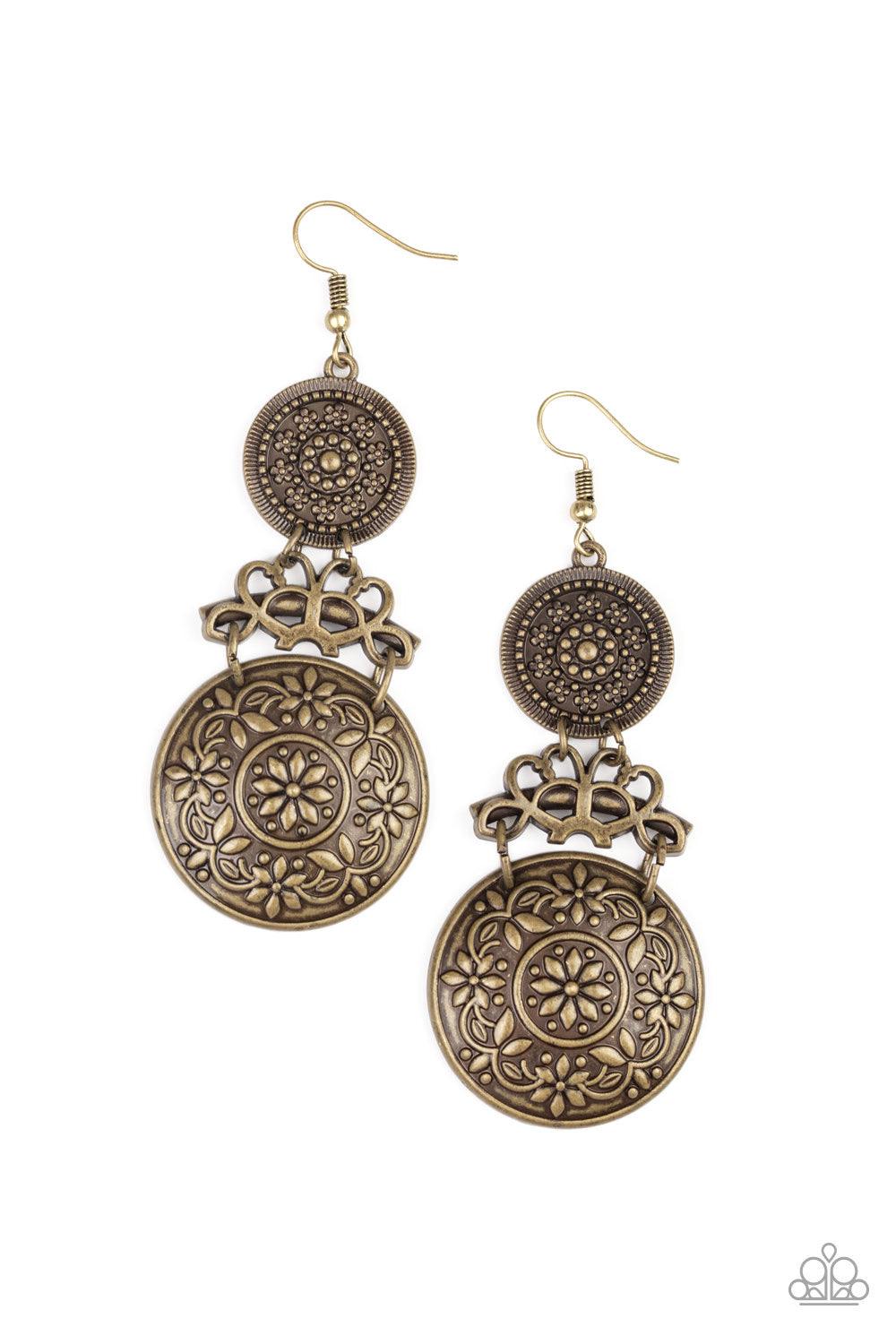 Paparazzi Accessories Garden Adventure - Brass Embossed and studded in antiqued floral patterns, flowery brass discs flank a vine-like brass fitting, coalescing into a whimsical lure. Earring attaches to a standard fishhook fitting. Jewelry