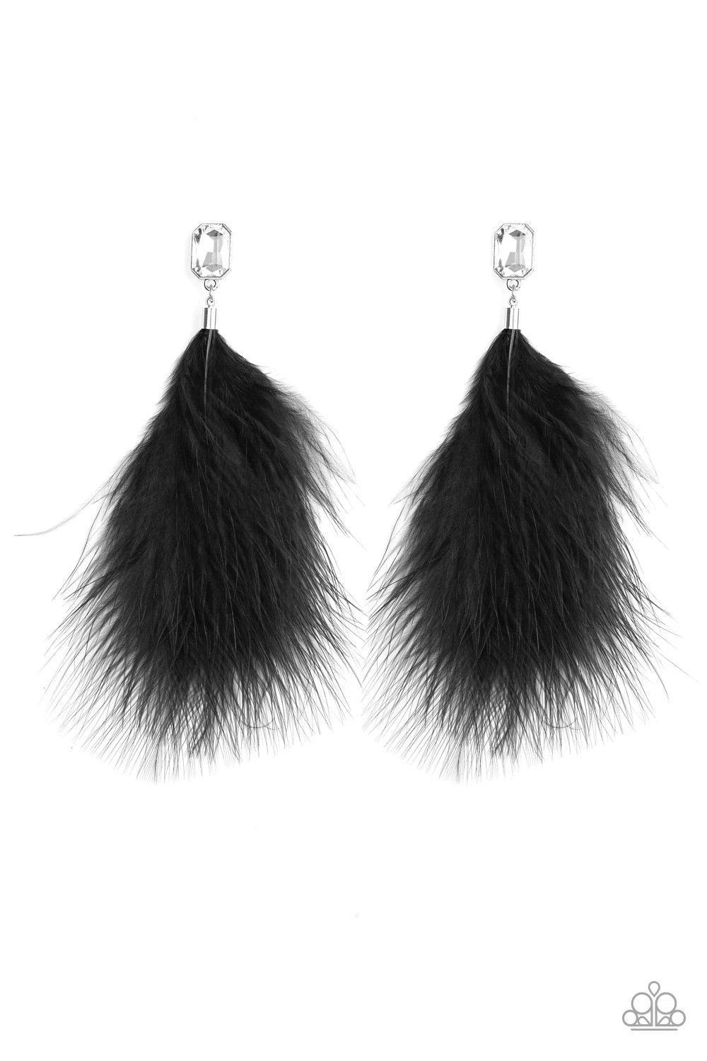 Paparazzi Accessories The SHOWGIRL Must Go On! - Black A soft black feather swings from the bottom of a regal emerald style cut white rhinestone, creating a fabulously glamorous fringe. Earring attaches to a standard post fitting. Sold as one pair of post