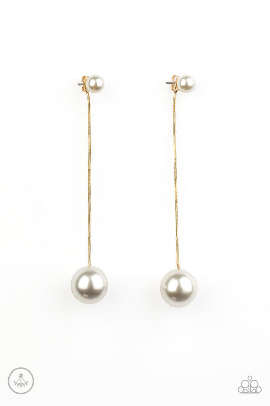 Paparazzi Accessories Extended Elegance - Gold Attached to a sleek gold chain, an oversized white pearl delicately swings from the bottom of a classic white pearl, adding a timeless twist to the elegant display. Earring attaches to a standard post fitting