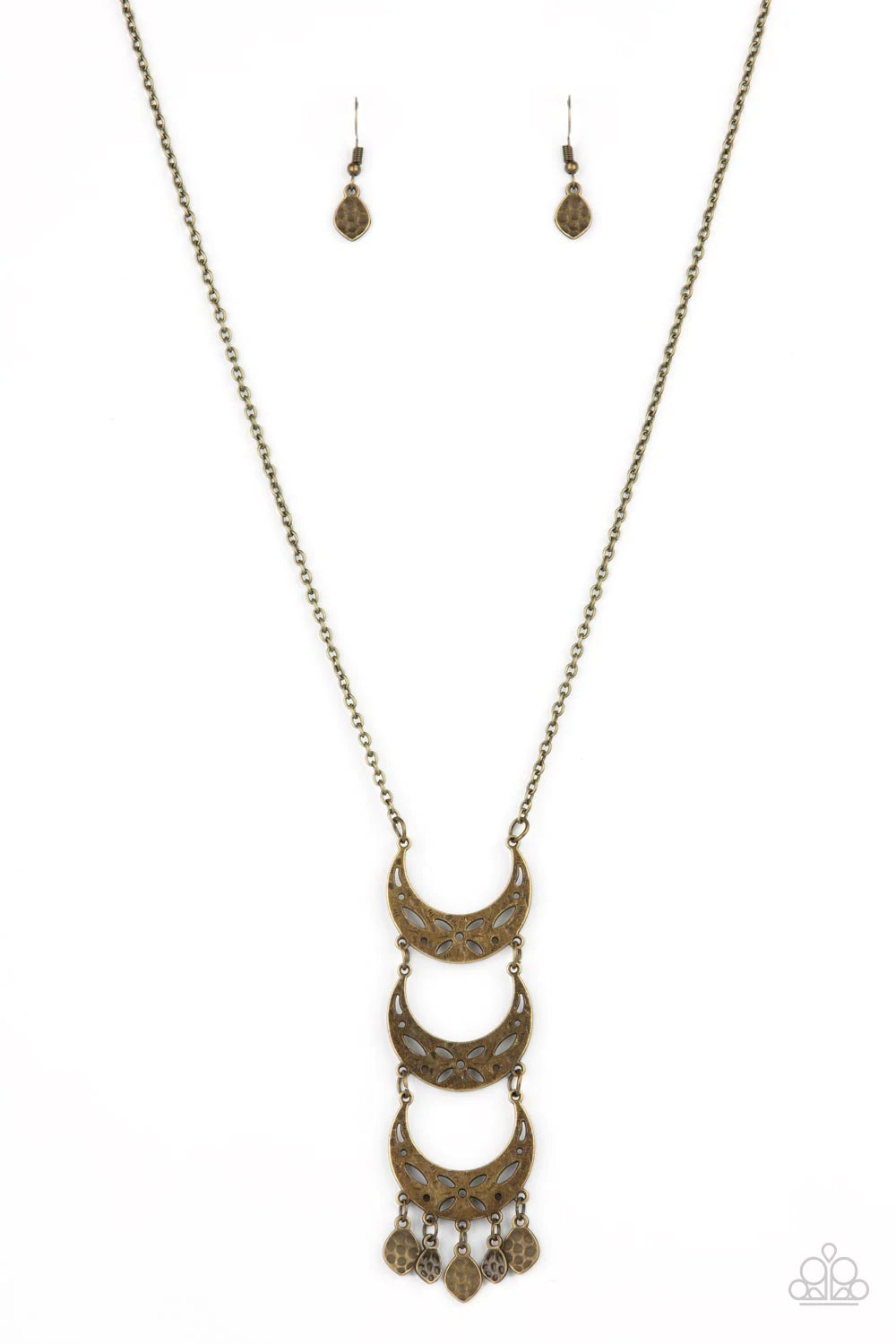 Paparazzi Accessories Half-Moon Child - Brass Stenciled in airy floral details, antiqued brass half-moon frames link into a triple stacked pendant at the bottom of a lengthened brass chain. Hammered brass frames trickle from the bottom, adding playful mov