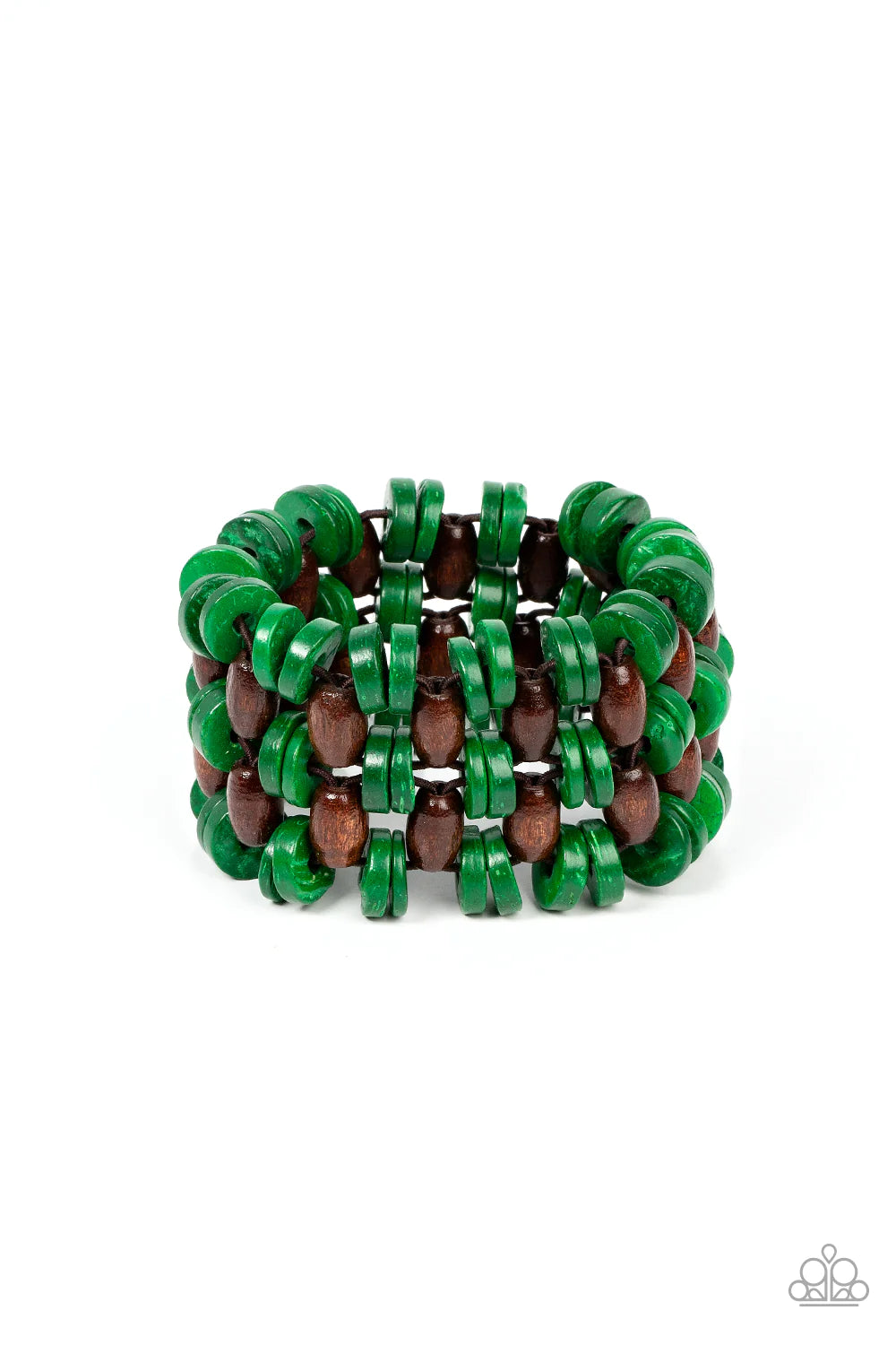 Paparazzi Accessories Galapagos Go-Getter - Green A tropical collection of distressed green wooden discs and brown oval wooden beads are decoratively threaded along stretchy bands around the wrist, creating a refreshing pop of summery fun. Sold as one ind