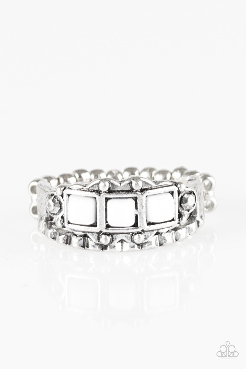 Paparazzi Accessories Color Me EMPRESSed! - White Featuring a square cut, white beads are pressed into a dainty silver band radiating with tribal inspired textures. Features a dainty stretchy band for a flexible fit. Jewelry