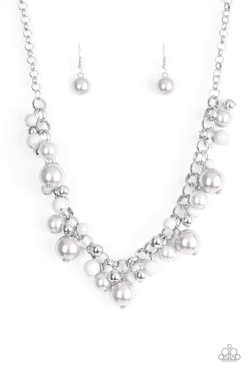 Paparazzi Accessories The Upstater - Silver Varying in size, bubbly silver pearls, classic silver beads, and shiny gray beads swing from the bottom of a glistening silver chain, creating a refined fringe below the collar. Features an adjustable clasp clos