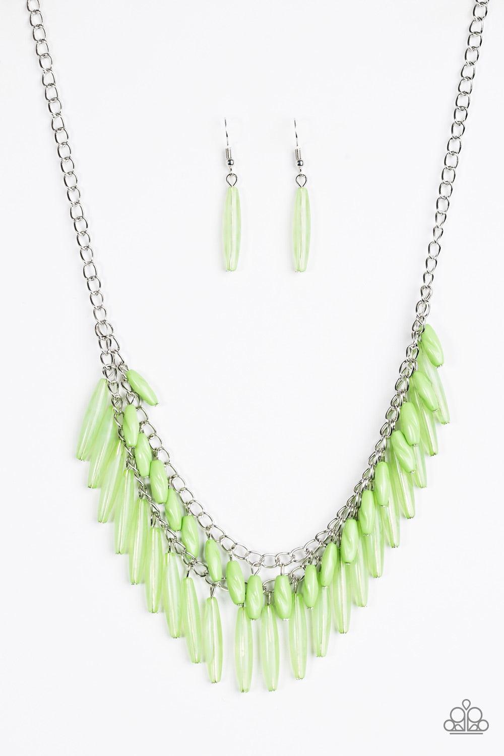 Paparazzi Accessories Speak of the DIVA - Green A row of faceted green beads swings above a row of opaque pink beads, creating fierce layers below the collar. Features an adjustable clasp closure. Jewelry