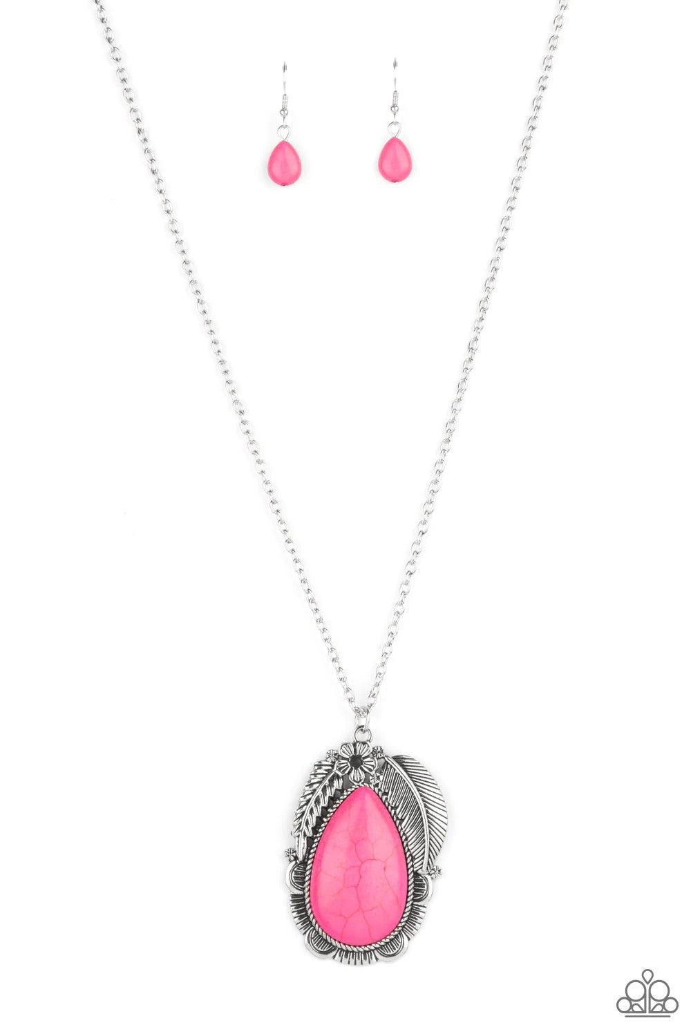 Paparazzi Accessories Tropical Mirage - Pink A silver feather, palm leaf, and dainty silver flower overlap atop an oversized pink stone teardrop that is nestled inside a textured scalloped frame, creating a dramatic pop of color at the bottom of a lengthe