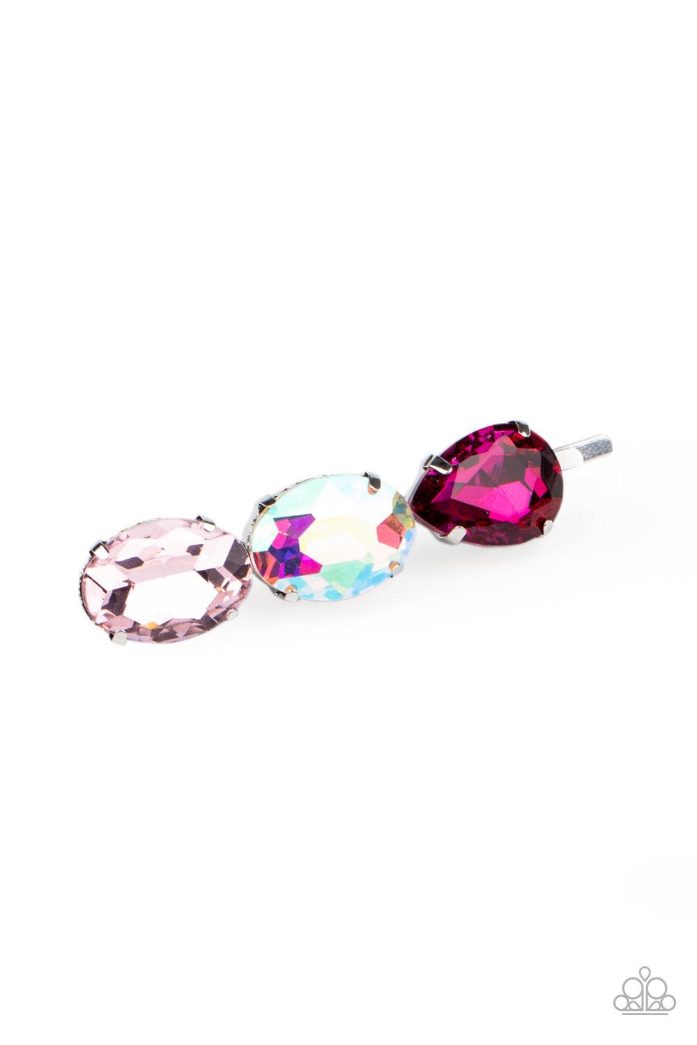 Paparazzi Accessories Beyond Bedazzled - Pink A teardrop hot pink gem, oval opal, and oval light pink gem are encrusted across the front of a bobby pin for a bedazzling look. Sold as one individual decorative bobby pin. Hair Accessories