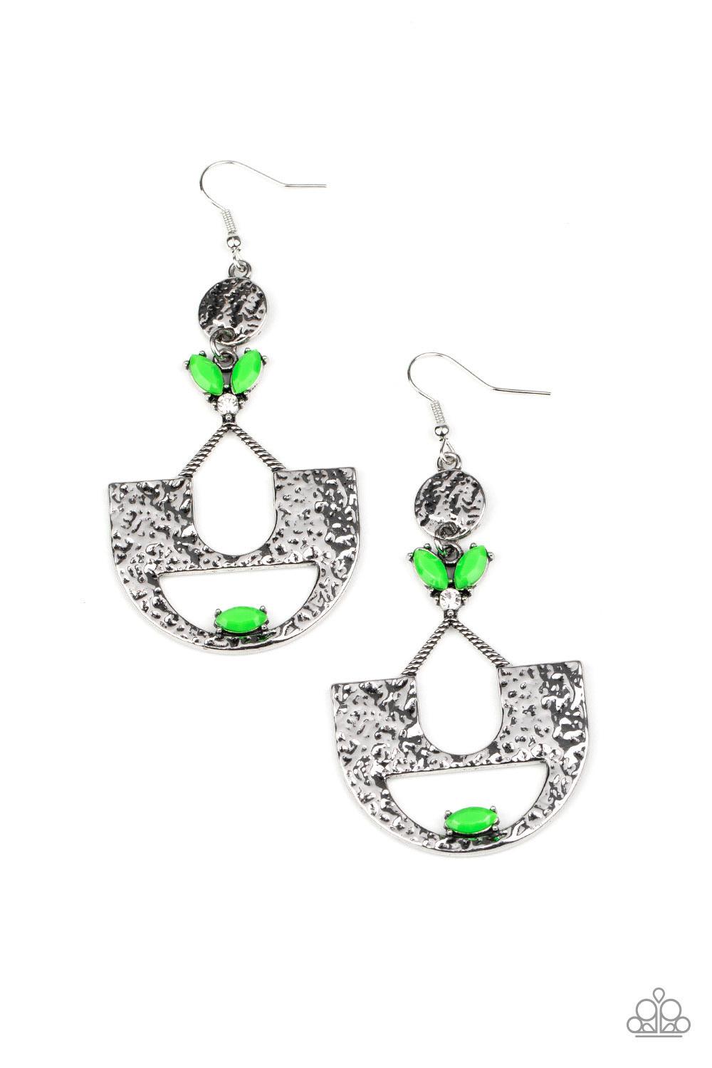 Paparazzi Accessories Modern Day Mecca - Green Featuring a glittery white rhinestone and faceted neon green beading, an abstract crescent frame attaches to a hammered silver disc, creating a colorfully rustic lure. Earring attaches to a standard fishhook