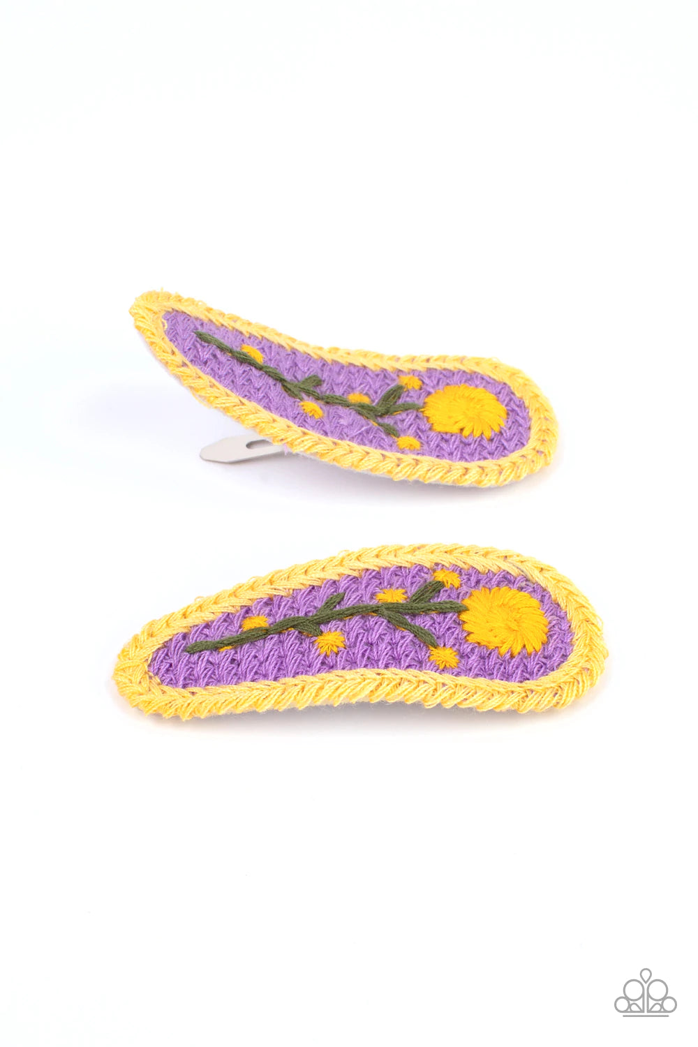 Paparazzi Accessories Bloom Loom - Purple A vibrant purple backdrop showcases a softly embroidered whimsical blossom. Each flower features a standard hair clip on the back. Sold as one pair of hair clips. Hair Accessories