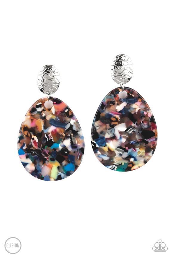 Paparazzi Accessories Confetti Collage - Multi *Clip-On Featuring a faux marble finish, a multicolored acrylic teardrop swings from the bottom of a swirly silver fitting, creating a colorful frame. Earring attaches to a standard clip-on fitting. Jewelry