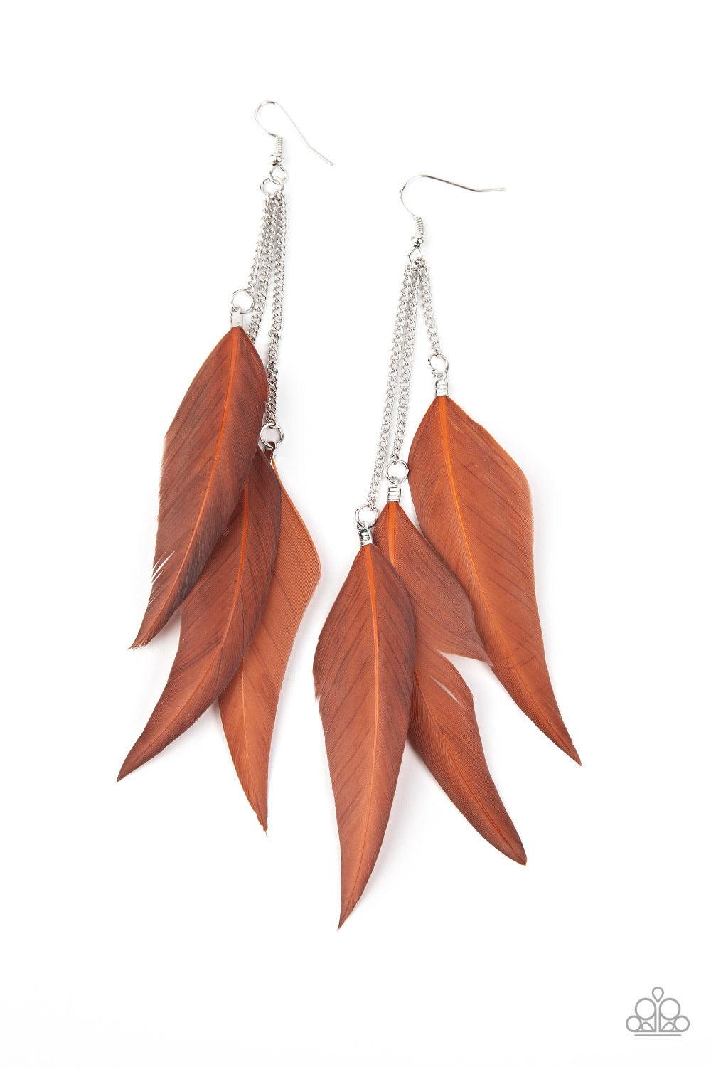 Paparazzi Accessories West Side Western ~Brown Attached to dainty silver chains, a whimsical collection of brown feathers cascade from the ear for an earthy flair. Earring attaches to a standard fishhook fitting. Sold as one pair of earrings. Jewelry