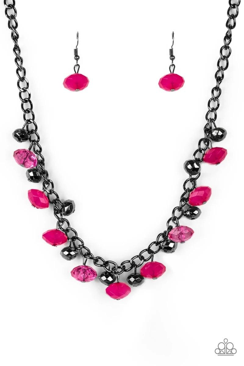 Paparazzi Accessories Runway Rebel - Pink Featuring cloudy and glassy finishes, faceted pink crystal-like beads swing from the bottom of a glistening gunmetal chain. Faceted gunmetal beads join the pink beading, creating a flirtatious fringe below the col