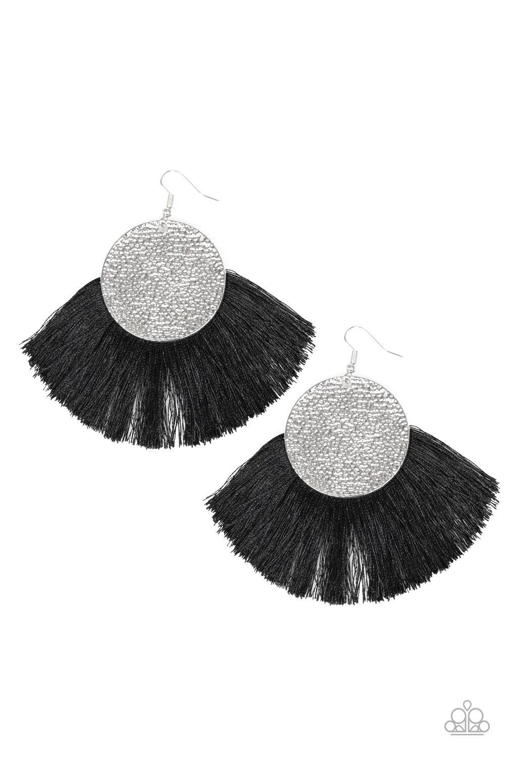 Paparazzi Accessories Foxtrot Fringe - Black A fan of shiny black thread flares out from the bottom of a hammered silver disc, creating a foxy fringe. Earring attaches to a standard fishhook fitting. Jewelry