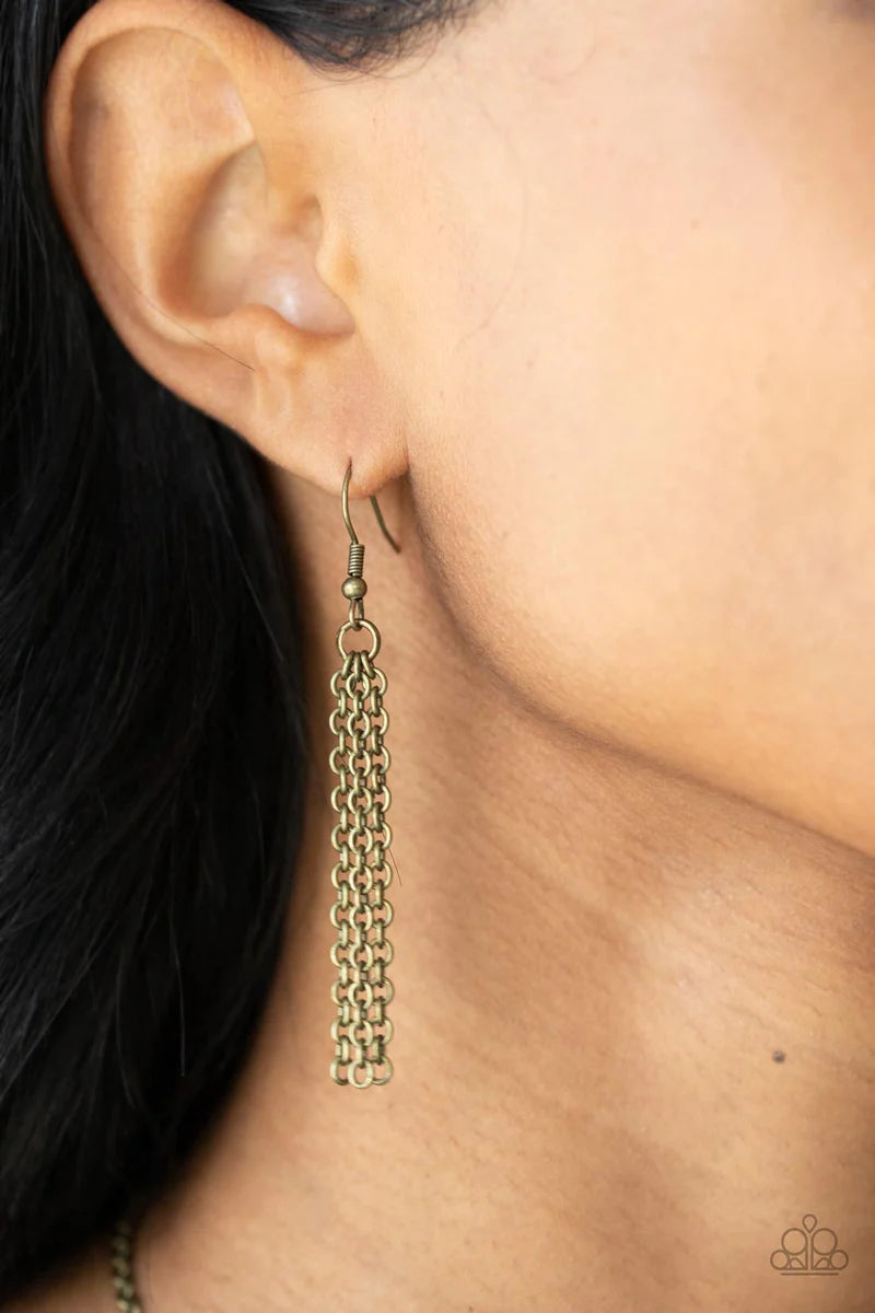 Paparazzi Accessories Solar Cycle - Brass Featuring studded centers, an antiqued collection of beveled brass hoops gradually increase in size as they link below the collar for a bold metallic look. Features an adjustable clasp closure. Sold as one individ