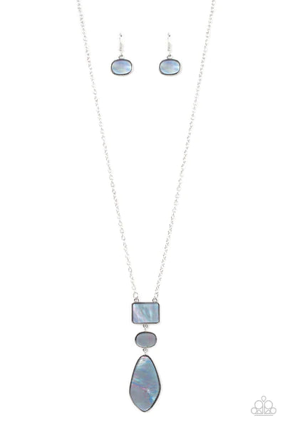 Paparazzi Accessories Hidden Cove - Silver Featuring an iridescent shimmer, rectangular, oval, and asymmetrical gray shell-like accents link from the bottom of an extended silver chain for a beach inspired fashion. Features an adjustable clasp closure. So