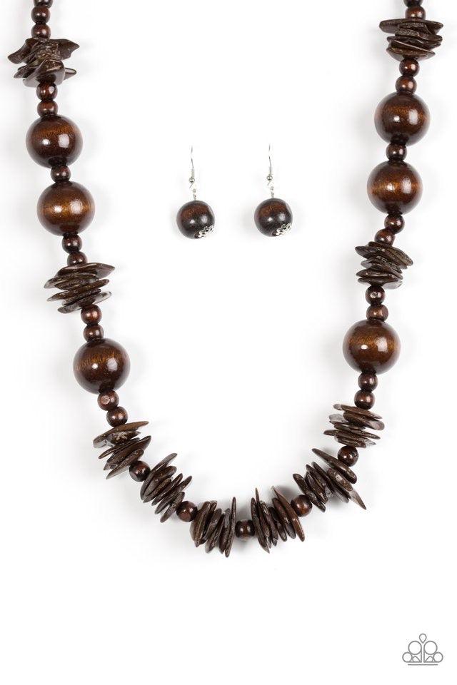 Paparazzi Accessories Yes We CANCUN - Brown Brushed in a neutral brown finish, polished wooden beads and distressed wooden accents trickle along the chest for a summery look. Jewelry