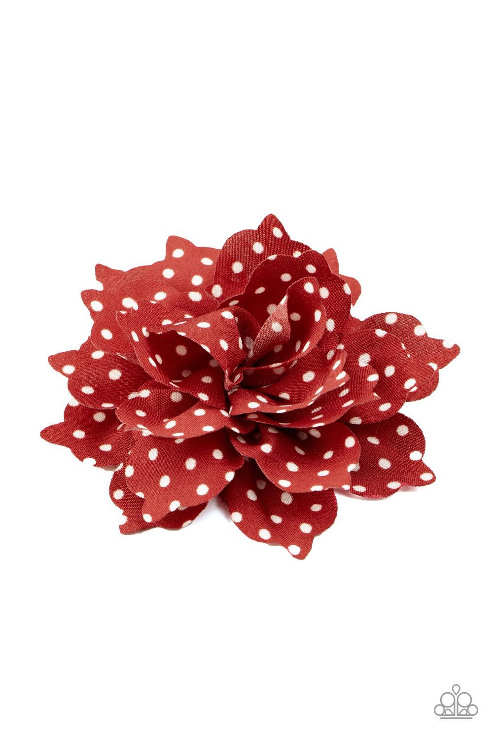 Paparazzi Accessories Springtime Social - Red Dotted in white polka dots, soft navy red petals gather into a playful blossom for a seasonal look. Features a standard hair clip. Sold as one individual hair clip. Hair Accessories
