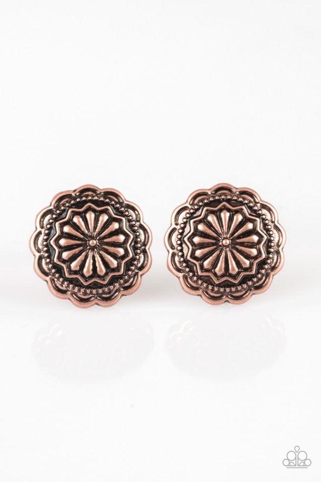 Paparazzi Accessories Durango Desert - Copper Embossed in a whimsical floral pattern, a glistening copper frame dots the ear for a seasonal look. Earring attaches to a standard post fitting. Sold as one pair of post earrings. Jewelry