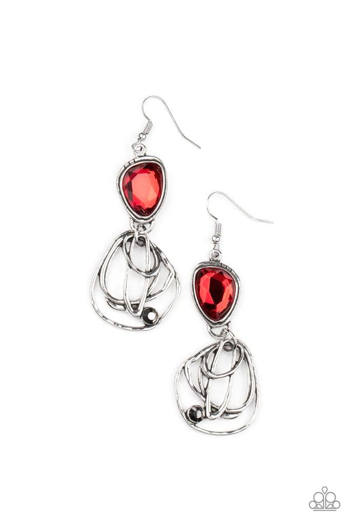 Paparazzi Accessories Galactic Drama - Red Encased in a stacked silver frame, an asymmetrical red gem gives way to a dizzyingly abstract silver frame dotted with a single hematite rhinestone for an edgy finish. Earring attaches to a standard fishhook fitt