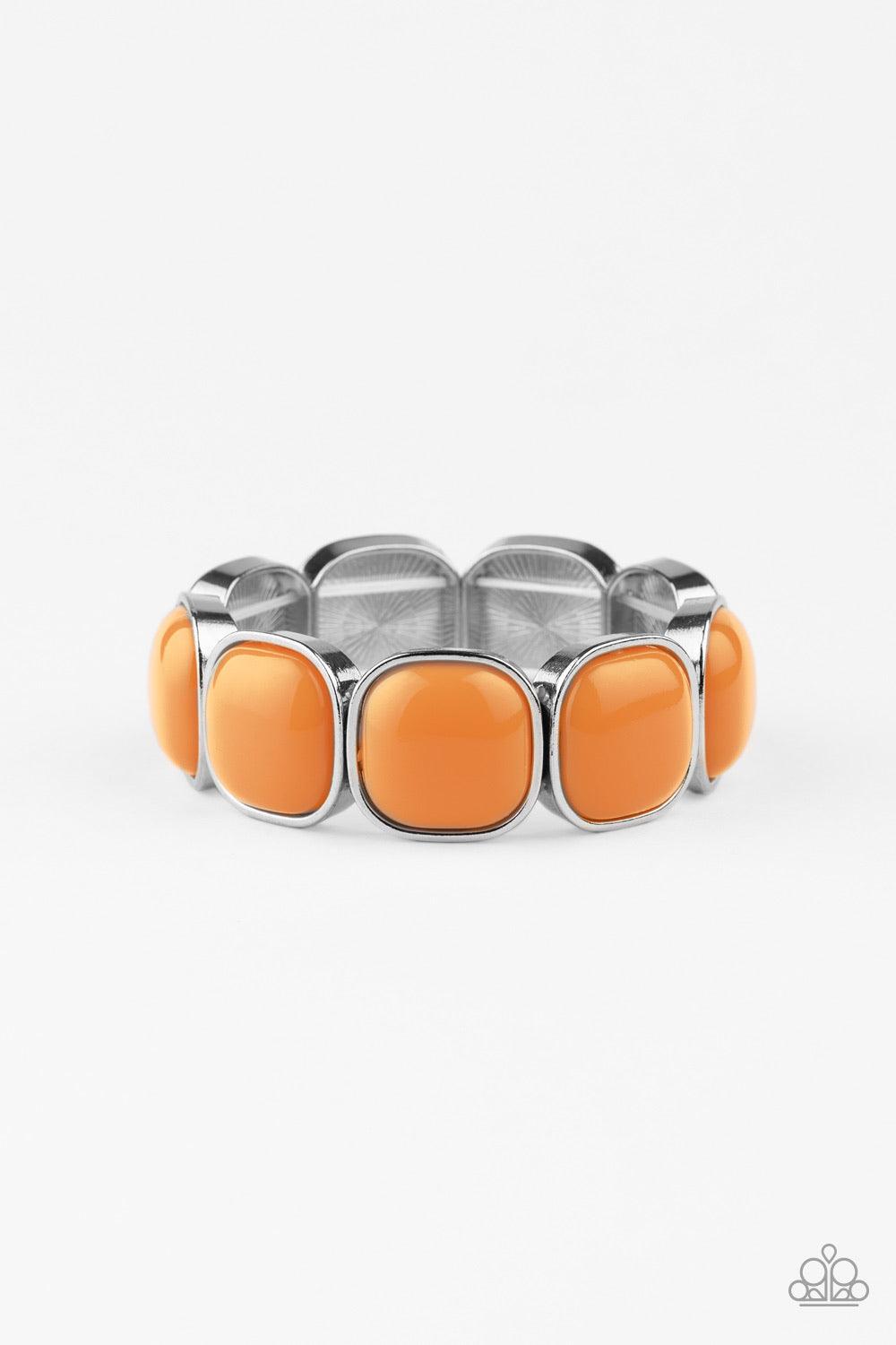 Paparazzi Accessories Vivacious Volume ~Orange Zesty Saffron beads are pressed into sleek silver fittings that slide along stretchy bands around the wrist, creating a vivacious pop of color.