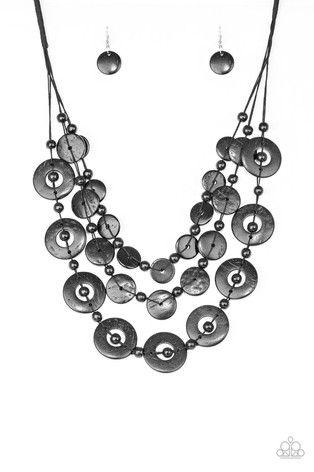 Paparazzi Accessories Catalina Coastin - Black Varying in size, three stacks of glittery white rhinestones fan out from an airy center, coalescing into a stellar frame. Earring attaches to a standard post fitting. Jewelry