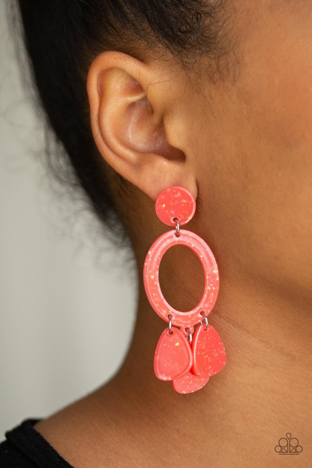 Paparazzi Accessories Sparkling Shores - Orange Sparkle flecked coral acrylic frames link into an abstract lure for a summery look. Earring attaches to a standard post fitting. Jewelry