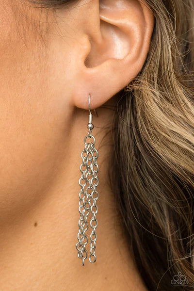 Paparazzi Accessories Targeted Tranquility - Purple Flecked in iridescent shell-like accents, a studded purple frame adorns the center of an oversized silver pendant rippling with concentric circles at the bottom of an extended silver chain for a dizzying