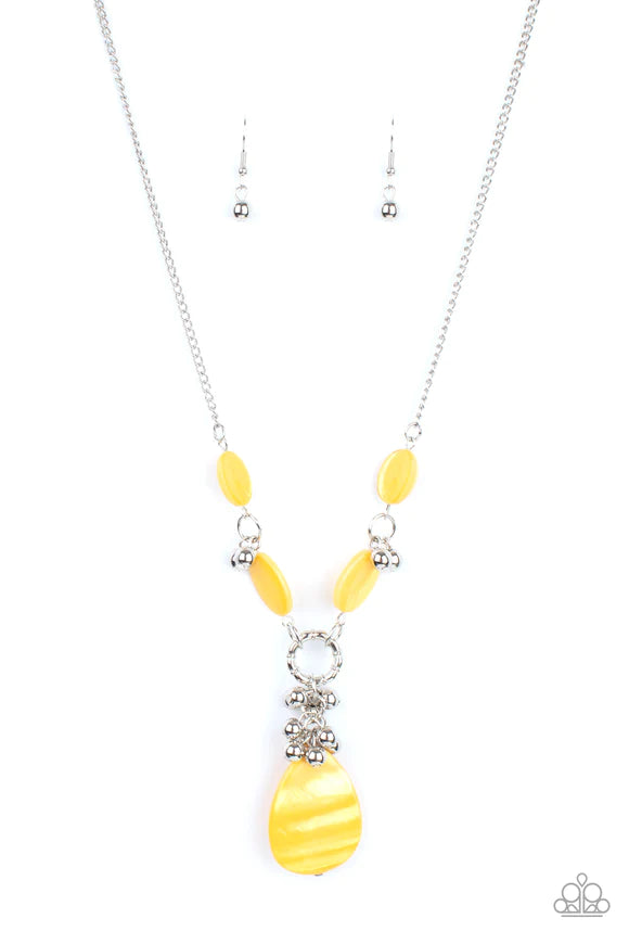 Paparazzi Accessories Summer Idol - Yellow Oval Illuminating shell-like beads link with pairs of dainty silver beads below the collar. A cluster of shiny silver beads and an oversized Illuminating shell-like teardrop swings from the bottom, creating a vib