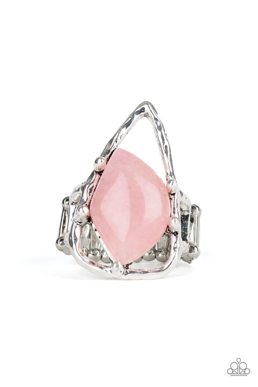 Paparazzi Accessories Get The Point - Pink An abstract pink stone is nestled inside a hammered silver triangle, creating an artisan inspired frame atop the finger. Features a stretchy band for a flexible fit. Jewelry